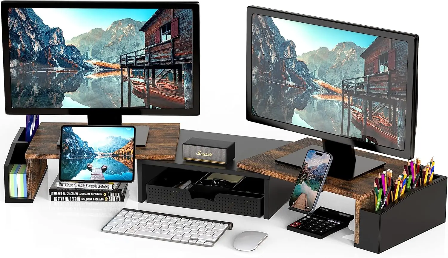 Dual Monitor Stand - Desk Stand Dual Monitor Rustic Brown